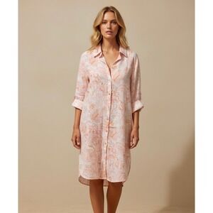 Sigrid Olsen 100% Linen Size Large Floral Paisley Shirt Dress Peach White